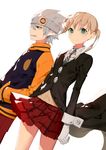  1girl coat dutch_angle gloves green_eyes hands_in_pockets headband highres jacket letterman_jacket looking_at_viewer maka_albarn necktie plaid plaid_skirt ronopu sharp_teeth silver_hair skirt smile soul_eater soul_eater_(character) teeth twintails white_gloves wind 