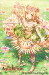  :d age_of_ishtaria blonde_hair curly_hair detached_collar dress flower frills from_above gloves green_eyes hair_flower hair_ornament kikugetsu looking_at_viewer official_art open_mouth outdoors outstretched_arms plant primavera_(age_of_ishtaria) smile solo standing star star-shaped_pupils symbol-shaped_pupils vines wreath 