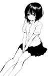  ama-tou bare_legs between_legs buttons collarbone collared_shirt expressionless eyelashes greyscale hand_between_legs highres jpeg_artifacts lineart looking_to_the_side monochrome original shiny shiny_hair shirt short_hair short_sleeves simple_background sitting skirt solo white_background 