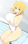  ahoge bangs bare_arms bare_shoulders blonde_hair blue_eyes blush breast_hold breasts bursting_breasts closed_mouth collarbone commentary_request covered_navel finger_to_mouth green_eyes heterochromia huge_breasts light_smile noeomi one-piece_swimsuit ryouna_(senran_kagura) seductive_smile senran_kagura senran_kagura_shinovi_versus short_hair sideboob sitting smile solo swimsuit taut_clothes taut_swimsuit thighs white_swimsuit 