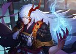  black_sclera claws daye_bie_qia_lian highres horn ibaraki_(onmyoji) long_hair male_focus onmyoji slit_pupils solo white_hair yellow_eyes 