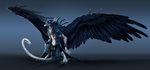  anthro black_feathers blue_hair claws clothed clothing dragon feathered_dragon feathered_wings feathers fur hair isvoc male solo standing topless white_fur wings 