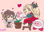  1boy 1girl absurdres blonde_hair blue_eyes blush chibi copy_ability dress flower hair_flower hair_ornament highres karbuitt kid_icarus kid_icarus_uprising kirby kirby_(series) long_hair mario_(series) nachure nintendo open_mouth piranha_plant pit_(kid_icarus) sharp_teeth side_ponytail simple_background smile spikes super_mario_bros. super_smash_bros. super_smash_bros._ultimate teeth very_long_hair water wings 