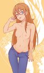  arm_at_side arm_up bangs bespectacled blue_eyes breasts collarbone contrapposto denim earrings eyebrows eyebrows_visible_through_hair glasses hair_between_eyes hair_down head_tilt highres houjou_hibiki jeans jewelry long_hair looking_at_viewer navel nipples one_eye_closed open_fly orange_hair panties pants panty_peek pink-framed_eyewear precure small_breasts solo standing stomach suite_precure thumb_in_pocket tongue tongue_out topless two-tone_background underwear unpale white_background yellow_background 