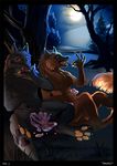  black_fur blue_eyes breasts brown_fur candy canine claws digitigrade duo featureless_breasts female food forest fruit full_moon fur jack_o&#039;_lantern male mammal moon nude open_mouth outside pawpads pumpkin shalinka teeth toe_claws tongue tree were werewolf yellow_eyes 