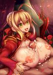  1girl after_paizuri aigonderoga bad_id bad_pixiv_id blonde_hair breasts breasts_outside censored cum cum_on_body cum_on_breasts cum_on_upper_body facial fate/extra fate_(series) flower green_eyes hetero highres huge_breasts large_penis mosaic_censoring nero_claudius_(fate) nero_claudius_(fate)_(all) nipples open_mouth paizuri penis rose sidelocks solo_focus sweat tongue 