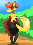  ambiguous_gender blush butt clothing clothing_lift delphox eyes_closed inner_ear_fluff moroq nintendo pok&eacute;mon skirt skirt_lift solo tailwag video_games 