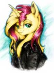  2016 buttersprinkle clothed clothing equestria_girls equine female feral hair horn jacket long_hair mammal multicolored_hair my_little_pony solo sunset_shimmer_(eg) two_tone_hair unicorn 