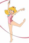  1girl :d artist_request barefoot blonde_hair blue_eyes breasts crown feet female flat_color full_body hat leotard lipstick long_hair looking_to_the_side open_mouth princess_peach simple_background solo super_mario_bros white_background 