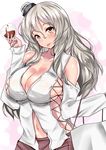  blush breasts brown_skirt cleavage collarbone commentary_request cup drinking_glass hat highres kantai_collection large_breasts long_hair long_sleeves looking_at_viewer mini_hat navel pola_(kantai_collection) revealing_clothes sankakusui shoulder_cutout sideboob sidelocks silver_eyes silver_hair skirt solo stomach tilted_headwear tongue tongue_out upper_body wavy_hair wine_glass 