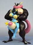  2016 3d_(artwork) abs amphibian anthro anthroanim anthrofied balls biceps big_balls big_breasts breasts clothed clothing digital_media_(artwork) duo erect_nipples erection female greninja hair huge_breasts hyper hyper_muscles hyper_penis long_tongue luxray male muscular muscular_male navel nintendo nipples nude open_mouth pecs penis pok&eacute;mon sebastian_greninja shizuma_(anthroanim) shorts simple_background smile standing tongue tongue_out video_games 