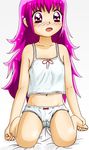  1girl :o artist_request barefoot blush bow bow_panties collarbone feet hands hoshizora_miyuki long_hair looking_at_viewer navel open_mouth panties pink_eyes pink_hair simple_background smile_precure! solo toes wariza white_background white_panties 