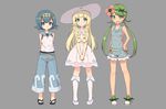  3girls :d arms_behind_head bangs bare_legs blonde_hair blue_eyes blue_hair blue_shoes blue_shorts blunt_bangs blush braid breasts closed_mouth collarbone cutoffs dark_skin dress eyebrows eyebrows_visible_through_hair flower front_braid green_eyes green_hair green_shoes hair_flower hair_ornament hairband hand_on_hip hat hibiscus kneehighs legs_apart lillie_(pokemon) long_hair looking_at_viewer low_twintails mao_(pokemon) multiple_girls no_socks open_mouth overall pokemon pokemon_(game) pokemon_sm sandals shoes shone short_hair shorts sleeveless sleeveless_dress small_breasts smile suiren_(pokemon) sun_hat sundress tareme twin_braids twintails white_dress white_hat white_legwear 