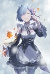  blood blue_hair bruise closed_eyes detached_sleeves domik frills hair_ornament hair_over_one_eye injury maid maid_headdress open_mouth purple_ribbon re:zero_kara_hajimeru_isekai_seikatsu rem_(re:zero) ribbon short_hair smile snowing solo tears white_legwear x_hair_ornament 