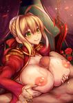  1girl :q aigonderoga bad_id bad_pixiv_id blonde_hair breasts breasts_outside censored fate/extra fate_(series) flower green_eyes hetero highres huge_breasts mosaic_censoring nero_claudius_(fate) nero_claudius_(fate)_(all) nipples paizuri penis rose sidelocks smile solo_focus sweat tongue tongue_out 