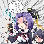  &gt;_&lt; apple closed_eyes crushing crying eyepatch flying_teardrops food fruit gloves headgear kantai_collection lowres mechanical_halo mitsu_(nonoko05) mole mole_under_eye multiple_girls open_mouth purple_hair ribbon shaded_face short_hair tatsuta_(kantai_collection) tears tenryuu_(kantai_collection) translated twitter_username wavy_mouth 