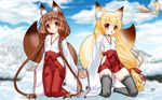  animal_ears bell black_legwear blonde_hair blush bow braid brown_eyes brown_hair choker fox_ears fox_tail hair_bow hakama hakama_skirt highres japanese_clothes jingle_bell kimono kneeling lace lace-trimmed_thighhighs long_hair miko multiple_girls nakajima_konta red_hakama ribbon ribbon_choker sandals sleeves_past_wrists snow snow_fox tabi tail thighhighs twin_braids very_long_hair yukina_(snow_fox) yukino_(snow_fox) zettai_ryouiki 