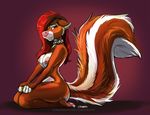  2016 anthro breasts butt collar female fur hair kappy kneeling looking_at_viewer mammal nipples nude orange_eyes pawpads red_fur red_hair red_tail skunk smile solo two_tone_tail white_fur white_tail 