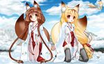  animal_ears bell black_legwear blonde_hair blush bow braid brown_eyes brown_hair chihaya_(clothing) choker fox_ears fox_tail hair_bow hair_ribbon hakama hakama_skirt haori highres japanese_clothes jingle_bell kimono kneeling lace lace-trimmed_thighhighs long_hair miko multiple_girls nakajima_konta red_hakama ribbon ribbon_choker sandals see-through sleeves_past_wrists snow snow_fox tabi tail thighhighs twin_braids very_long_hair yukina_(snow_fox) yukino_(snow_fox) zettai_ryouiki 