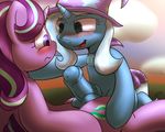  2016 animal_genitalia animal_penis balls blush cloud cutie_mark dickgirl duo equine equine_penis erection female friendship_is_magic hair hat hi_res horn intersex long_hair looking_at_penis mammal multicolored_hair my_little_pony open_mouth outside penis starlight_glimmer_(mlp) trixie_(mlp) two_tone_hair unicorn witch_hat yuradhear 