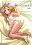  armpits ass barefoot blonde_hair blue_eyes bow breasts character_name collarbone feet flat_ass hair_bow hair_ornament hairclip highres kagamine_rin legs lying navel on_side panties short_hair small_breasts soles solo soon tattoo toes underwear vocaloid 