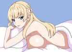  1girl bed blonde_hair blue_eyes breast_press breasts female hair_ornament huge_breasts long_hair looking_at_viewer lying mariana_princilla nude on_stomach parted_lips pillow profile reco_love_gold_beach simple_background solo tawashi1623 