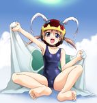  1girl :d artist_request barefoot blue_eyes blue_sky blue_swimsuit character_request clouds collarbone fairy_musketeer_akazukin feet full_body happy helmet looking_at_viewer open_mouth school_swimsuit short_twintails sitting sky soles solo swimsuit toes twintails 