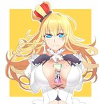  bangs between_breasts black_gloves blonde_hair blue_eyes breasts chess_piece crown eyes_visible_through_hair frills gloves hands_on_own_chest highres jewelry large_breasts lion_(zhan_jian_shao_nyu) long_hair looking_at_viewer lulu_heika single_earring smile solo spray_can upper_body zhan_jian_shao_nyu 