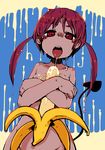  banana blue_background blush commentary_request constricted_pupils covering covering_breasts cowboy_shot demon_tail drooling food fruit groin looking_at_viewer masha nose_blush nude original oversized_object perspective red_eyes red_hair sexually_suggestive solo tail tongue tongue_out twintails two-tone_background yellow_background 