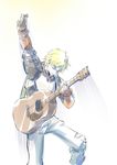  arm_up blonde_hair closed_eyes denim guitar highres iesupa instrument jaune_arc jeans male_focus pants plectrum rwby solo 