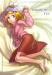  barefoot blonde_hair blue_eyes bow character_name collarbone feet hair_bow hair_ornament hairclip highres kagamine_rin legs lying navel on_side short_hair skirt soles solo soon sweater tattoo toes turtleneck vocaloid 
