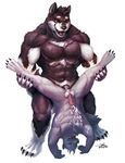  2016 abs anal anal_penetration anthro anus balls biceps black_fur black_penis butt canine cum cum_on_chest cum_on_self cum_while_penetrated dog duo dust_yang fur hands-free humanoid_penis male male/male mammal muscular open_mouth orgasm pecs penetration penis size_difference spread_legs spreading teeth tongue tongue_out upside_down white_fur wolf 
