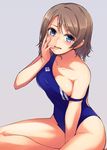  blue_eyes blush breasts brown_hair cleavage collarbone commentary_request competition_swimsuit from_above hand_on_own_face highres looking_at_viewer love_live! love_live!_sunshine!! medium_breasts nanotsuki off_shoulder one-piece_swimsuit open_mouth short_hair simple_background sitting solo strap_slip swimsuit tearing_up watanabe_you 