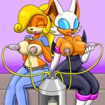  2016 bandicoot bat blonde_hair breast_milking breasts chameloshi clothed clothing clothing_lift coco_bandicoot crash_bandicoot_(series) duo eyes_closed female fur hair hand_on_breast lactating machine mammal marsupial milking_machine nipples orange_fur rouge_the_bat shirt shirt_lift smile sonic_(series) tongue tongue_out video_games white_fur wings 