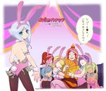  1boy 5girls artist_name ass blonde_hair blue_hair breasts bunnysuit bush character_request child cleavage closed_mouth earring eyes_closed fake_animal_ears fan future_card_buddyfight green_hair long_hair looking_at_viewer looking_back money moyori multicolored_hair multiple_girls no_eyes pantyhose ponytail red_hair sitting smile sofia_sakharov standing tail text translation_request twintails 