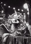  assasinmonkey blurred_background crown detailed_background equine eyelashes feathered_wings feathers female feral friendship_is_magic greyscale hair horn mammal monochrome my_little_pony night outside princess_celestia_(mlp) smile solo winged_unicorn wings 
