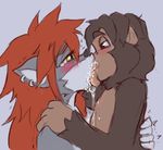  age_difference ape big_lips blush canine cub drooling ear_piercing female hair hug interspecies kissing lips male mammal piercing primate red_hair saliva shaking size_difference slobber smaller_male trembling ungulatr wolf yellow_eyes young younger_male 