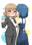 adjusting_another's_clothes adjusting_clothes adjusting_necktie apron blonde_hair blue_dress blue_hair blush bow brown_eyes business_suit buttons commentary_request dokka_no_kuni_no_kokuou dress dressing_another formal furutani_himawari hair_bow multiple_girls necktie oomuro_sakurako open_mouth pant_suit profile suit wavy_mouth yuru_yuri 