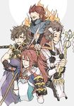  armor asama_(fire_emblem_if) brown_hair closed_eyes fire fire_emblem fire_emblem_if hinata_(fire_emblem_if) holding holding_sword holding_weapon katana long_hair male_focus mask multiple_boys naginata ninja one_eye_closed polearm ponytail red_hair saizou_(fire_emblem_if) sheath sheathed shourou_kanna smile staff sword tsubaki_(fire_emblem_if) weapon 