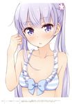  absurdres bikini breasts cleavage collarbone eyebrows eyebrows_visible_through_hair hair_ornament hair_twirling highres long_hair looking_at_viewer new_game! official_art open_mouth purple_eyes purple_hair shiny shiny_skin simple_background small_breasts solo striped striped_bikini suzukaze_aoba swimsuit tokunou_shoutarou twintails upper_body white_background 
