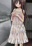  :o amatsutsumi blush breasts brown_hair bus_stop covered_nipples dress hands_clasped highres koku long_hair medium_breasts nipples no_bra non-web_source official_art oribe_kokoro own_hands_together rain red_eyes see-through solo spaghetti_strap standing sundress wet wet_clothes white_dress 