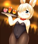  anthro blue_eyes blush bow_tie bulge clothed clothing crossdressing cub cute girly lagomorph male mammal one_eye_covered panashe rabbit solo summon_night young とろろうどん 