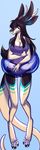  2016 anthro black_body black_hair blue_background blue_eyes blue_markings breasts claws cleavage clothed clothing digital_media_(artwork) dragon elapid elapid_(character) female front_view fully_clothed green_markings hair hi_res horn inner_tube long_ears long_hair long_tail looking_at_viewer markings multi_ear multicolored_body one-piece_swimsuit purple_bottomwear purple_topwear scalie simple_background smile solo swimsuit tan_body thigh_gap toe_claws translucent western_dragon 