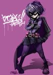  belt black_gloves blue_eyes bob_cut boots cape crossed_arms domino_mask frown full_body gloves hit-girl jacket jinbei kick-ass mask plaid plaid_skirt pouch purple_hair serious skirt solo superhero 