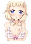  :o absurdres bare_shoulders bikini blonde_hair blue_eyes bow breasts cleavage collarbone frilled_bikini frills hair_bobbles hair_ornament hand_on_own_chest highres looking_at_viewer medium_breasts new_game! official_art open_mouth pink_bow sakura_nene shiny shiny_skin short_hair simple_background solo swimsuit tokunou_shoutarou upper_body white_background white_bikini 