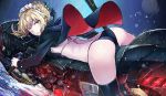  1girl absurdres artoria_pendragon_(all) artoria_pendragon_(swimsuit_rider_alter) ass back bikini black_bikini black_jacket black_legwear blonde_hair blue_bow bow breasts cameltoe eyebrows_visible_through_hair fate/grand_order fate_(series) from_side ground_vehicle hair_bow highres jacket jeffrey10 long_sleeves looking_at_viewer looking_to_the_side lying maid_headdress medium_breasts motor_vehicle motorcycle on_stomach open_clothes open_jacket outdoors parted_lips rain short_hair sideboob sidelocks solo spread_legs swimsuit thighhighs v-shaped_eyebrows water yellow_eyes 