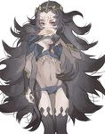  big_hair black_hair bodysuit breasts circlet cleavage facial_mark fire_emblem fire_emblem_if forehead_mark long_hair navel nyx_(fire_emblem_if) panties panty_pull red_eyes revealing_clothes shourou_kanna small_breasts solo thighhighs underwear very_long_hair 