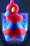  2016 anthro anthrofied areola beak big_breasts black_eyes blue_background blue_nipples blue_skin breasts computer english_text female horn huge_breasts looking_at_viewer monitor nintendo nipples nude pok&eacute;mon pok&eacute;morph porygon-z quin-nsfw red_horn red_skin signature simple_background solo text video_games yellow_sclera 