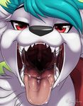  2016 alternate_color ambiguous_gender black_nose blue_hair drooling english_text fur green_background hair half-closed_eyes legendary_pok&eacute;mon mouth_shot nintendo nude nummynumz open_mouth pok&eacute;mon red_eyes saliva shaymin shiny_pok&eacute;mon signature simple_background solo teeth text throat tongue tongue_out video_games white_fur 