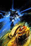  80s afterburner antennae aoki_ryuusei_spt_layzner armor aura battle blue_eyes canopy clenched_hand cockpit duel energy energy_weapon flying glowing glowing_eyes gun helmet highres holding holding_gun holding_weapon layzner looking_to_the_side mecha multiple_boys official_art oldschool outstretched_arm pilot pilot_suit promotional_art realistic scan science_fiction space spacesuit spoilers star_(sky) takani_yoshiyuki traditional_media weapon yellow_eyes zakaal zero_gravity 